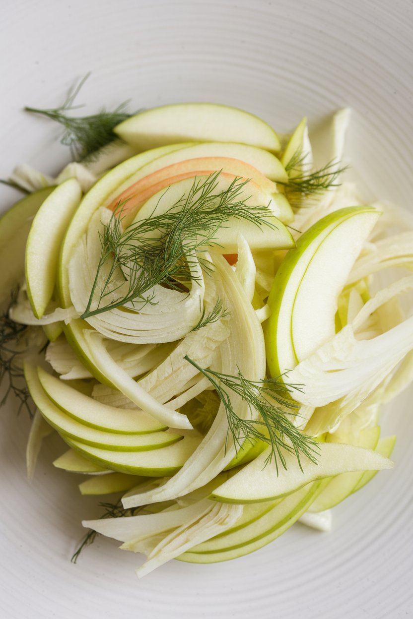 Indoor photo of thinly sliced green apple and fennel tossed together on a white plate, fennel fronds sprinkled over top. No text or logos; photo.