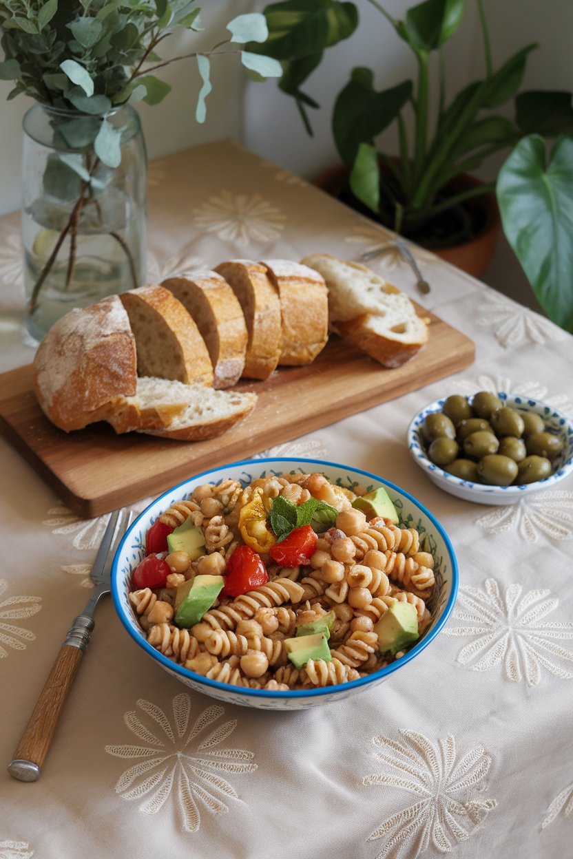 Indoor picnic-style table with a bowl of whole-grain rotini mixed with chickpeas, avocado chunks, cherry tomatoes, and a lemon-herb dressing. Photo, no text or logos visible.