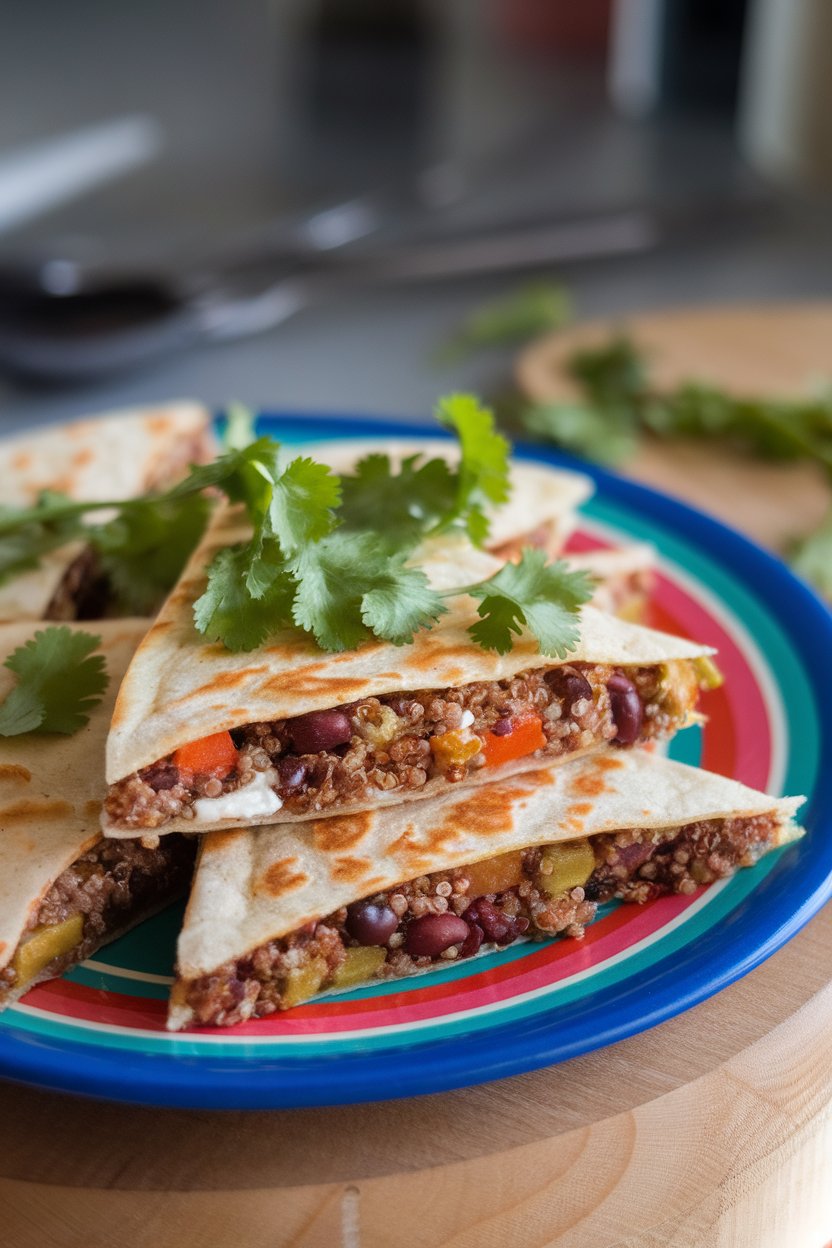 Indoor colorful plate, quinoa and mixed bean quesadilla wedges with cilantro, photo, no text or logos.