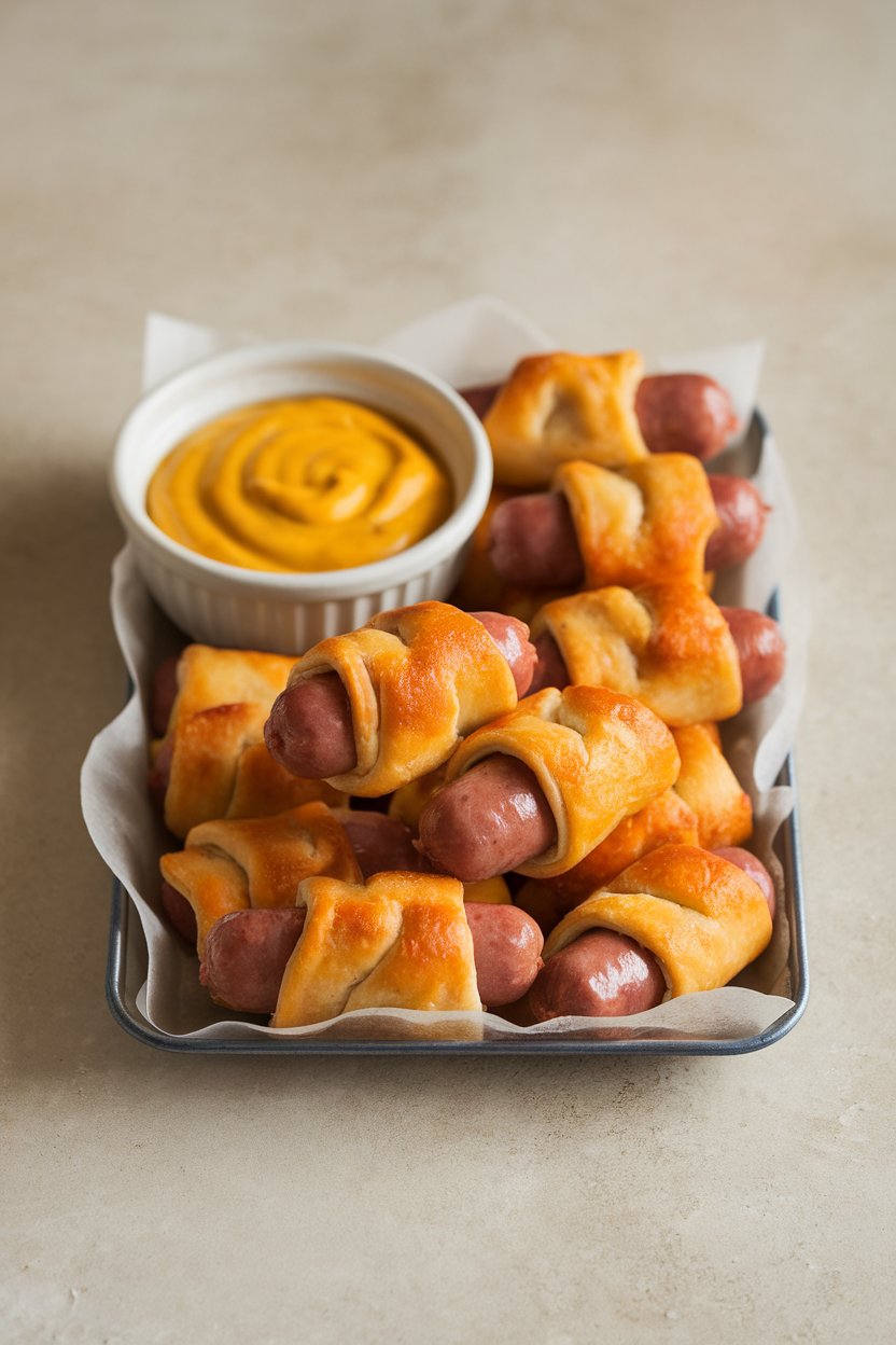 A small indoor tray of mini smoked sausages wrapped in golden crescent dough beside a bowl of mustard dip. No text or logos present. Photo.