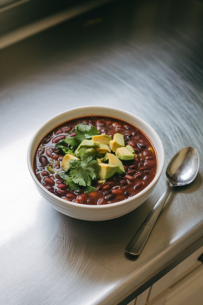 Photo of a bowl of black bean soup topped with diced avocado and cilantro on an indoor kitchen counter. No logos or text.