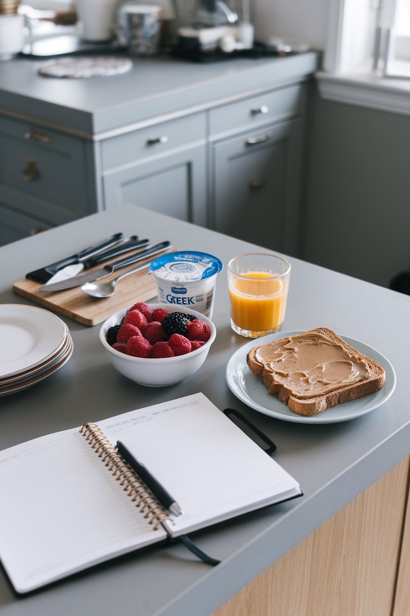 An indoor kitchen counter with an open notebook, pen, and a healthy breakfast beside it, no text or logos, photo only