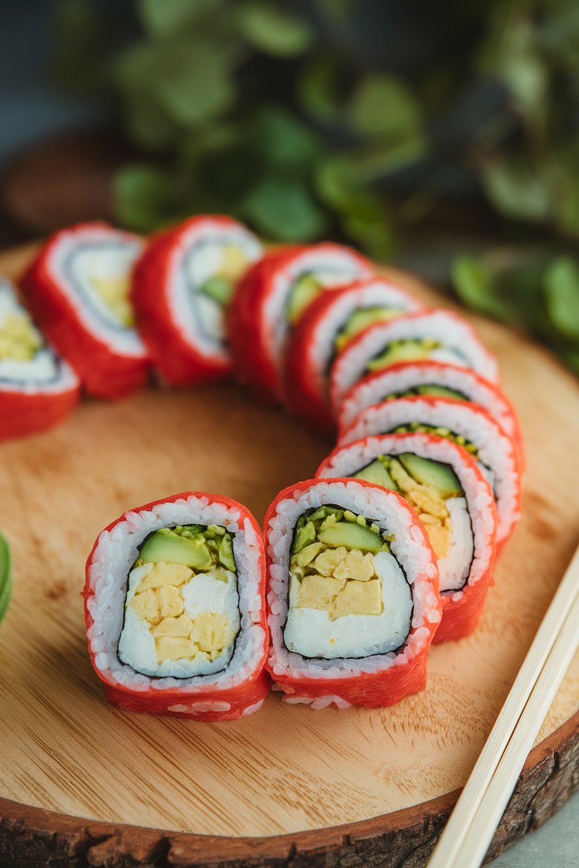 Photo, indoors, sliced sushi rolls on a wooden board showing cauliflower rice, cucumber, and avocado fillings. No text or logos.
