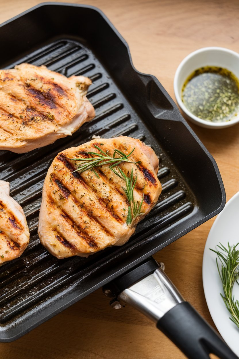An indoor grill pan displaying cooked turkey cutlets, grill marks visible, with a small bowl of herb marinade on the side. No text or logos on cookware.