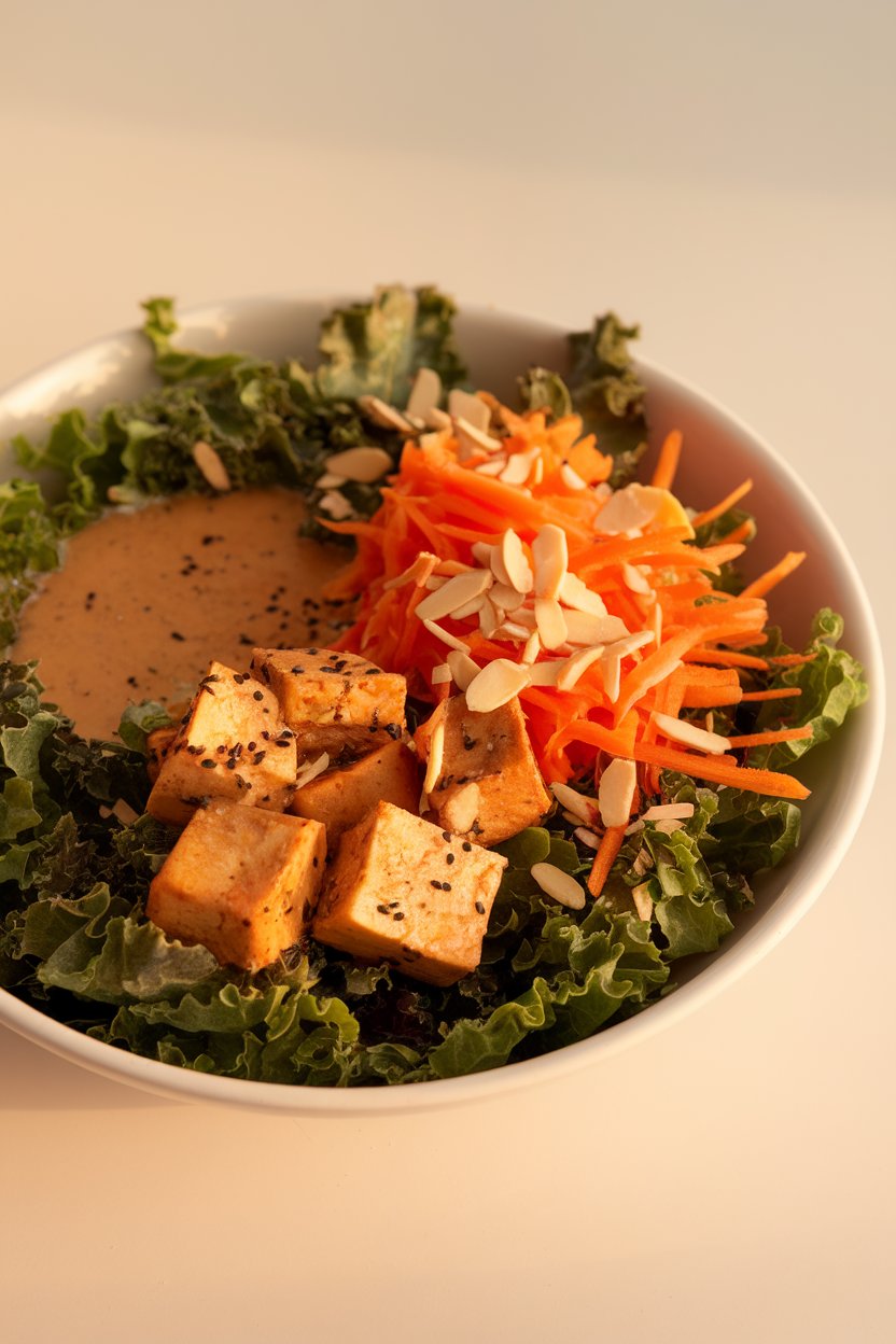 Indoor photo of shredded kale, baked tempeh cubes, shredded carrot, and almond slivers with sesame dressing. No text or logos.