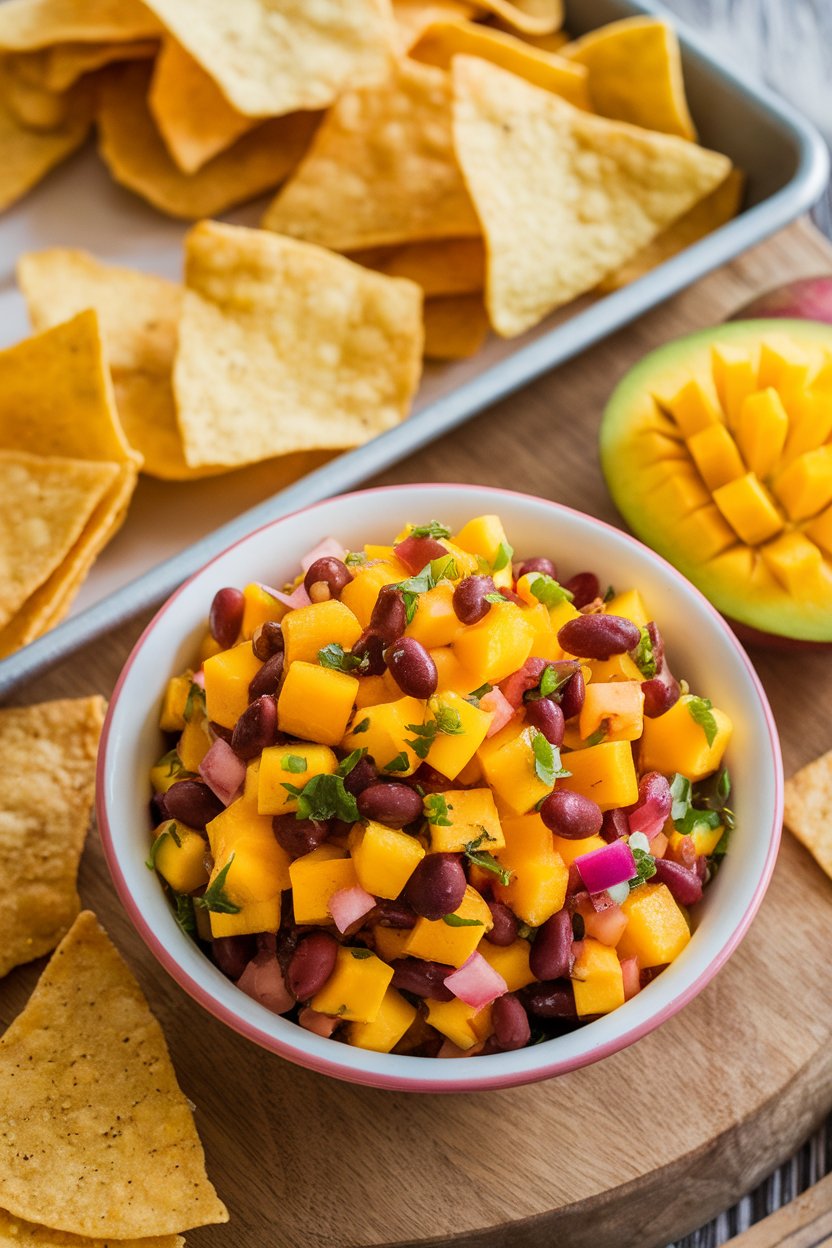 Indoor photo of a vibrant bowl of mango black bean salsa alongside a tray of homemade baked tortilla chips, no text or logos.