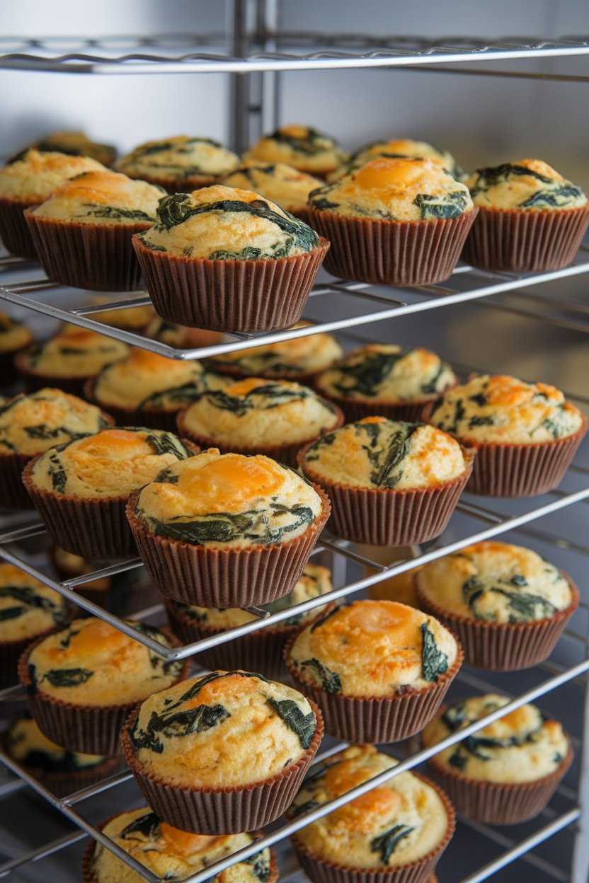 An indoor bakery rack holding silicone cups filled with baked egg muffins loaded with spinach and bell pepper, golden tops visible, no logos.