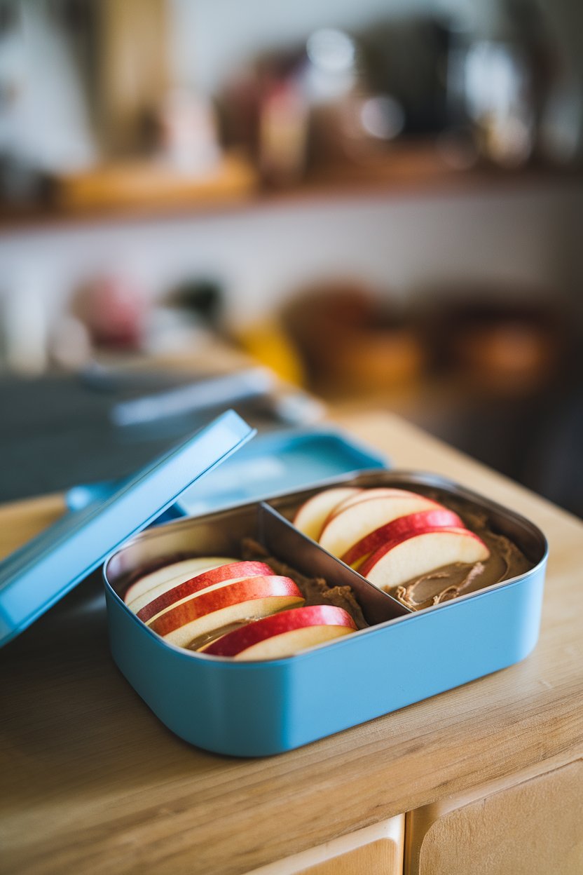 An indoor lunchbox containing apple slices with almond butter in a small divider, no text or logos, photo only