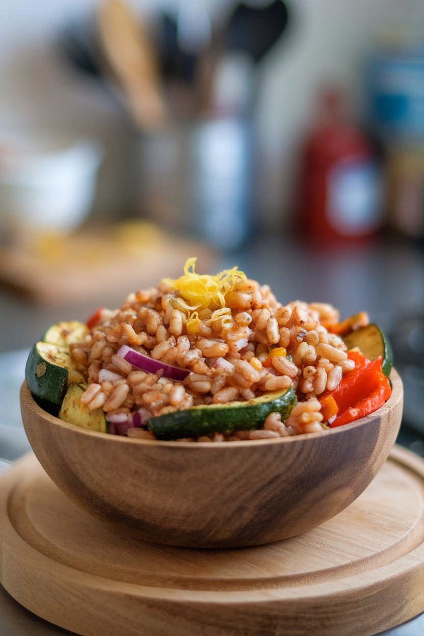 Indoor salad bowl holding chewy farro mixed with roasted zucchini, bell peppers, and red onion, finished with lemon zest. No text or logos; photo.