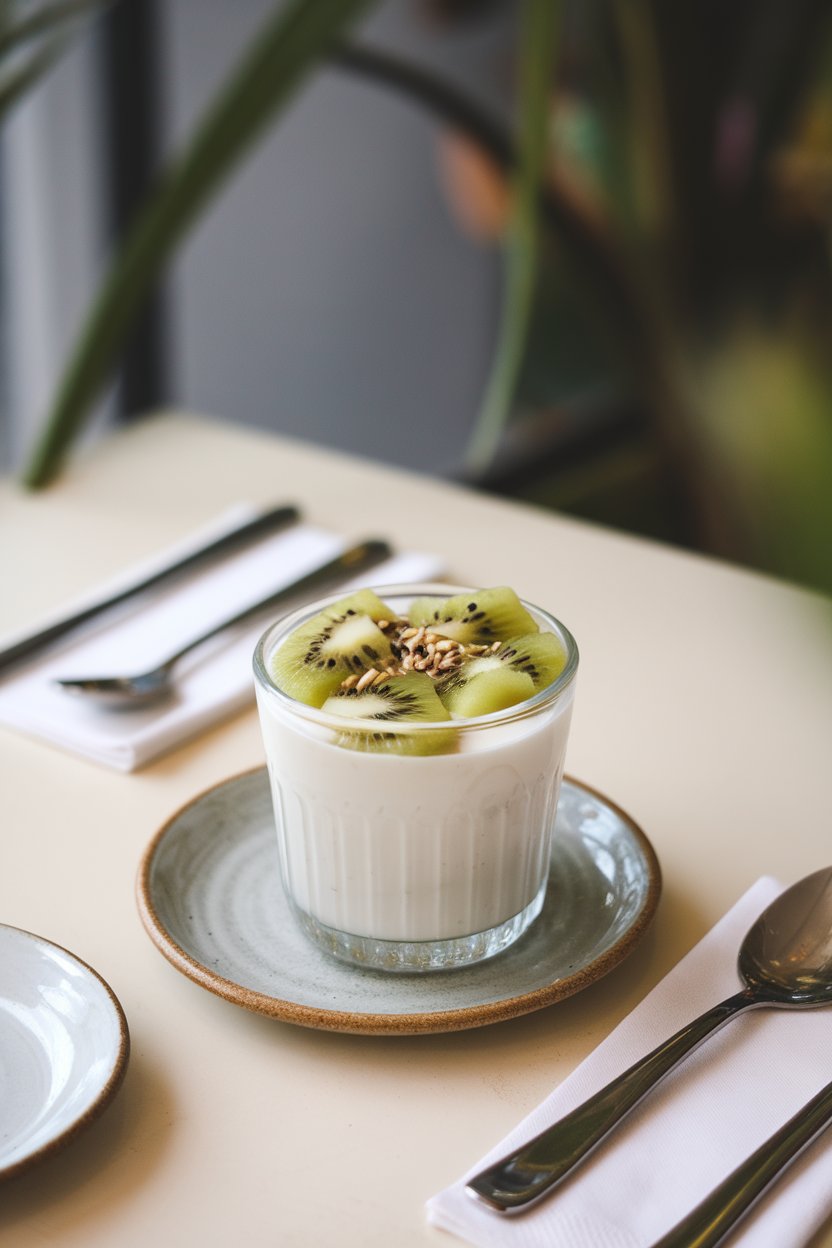 An indoor café-style table with a small glass cup of coconut milk yogurt topped with vibrant kiwi cubes and hemp seeds. No text or logos.