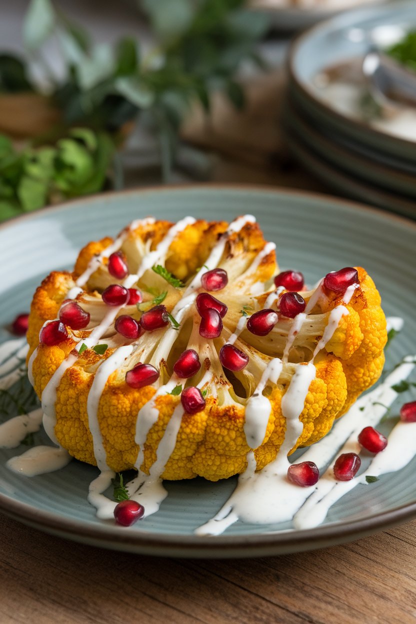 An indoor plate of golden turmeric-roasted cauliflower steaks drizzled with garlic yogurt sauce, sprinkled with pomegranate seeds; no text or logos.