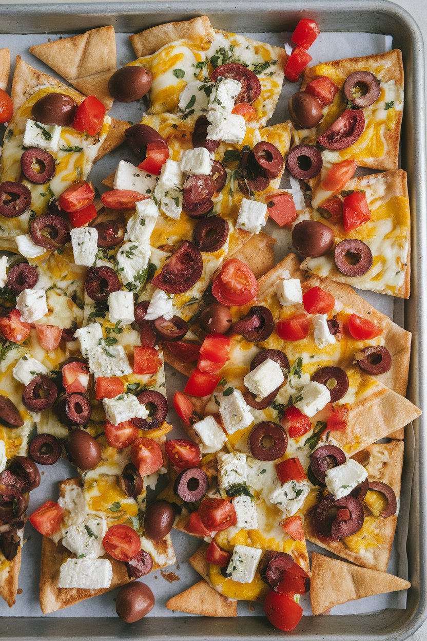 Indoor baking sheet of pita chip nachos topped with melted feta, olives, and diced tomato. No text or logos.