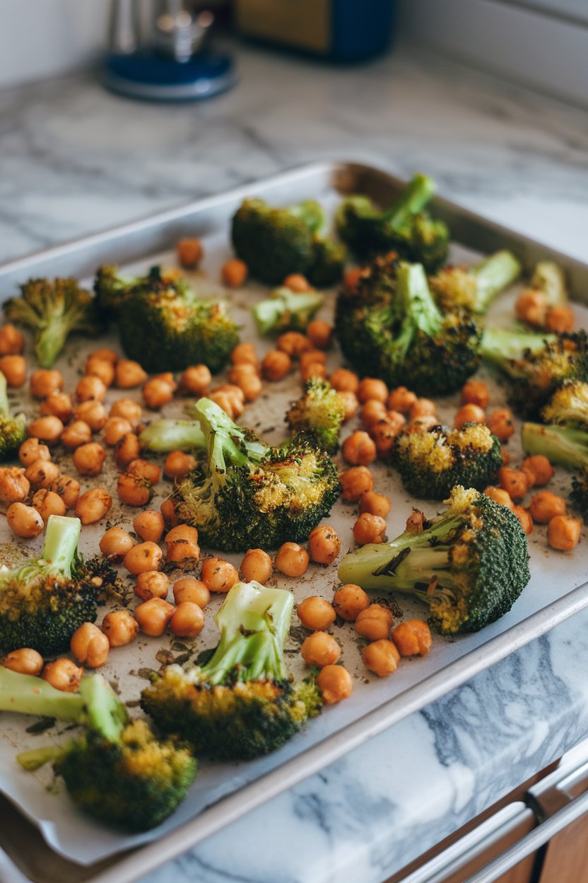 A sheet pan indoors holding roasted broccoli florets and chickpeas coated in garlic and herbs; photo, no text or logos.