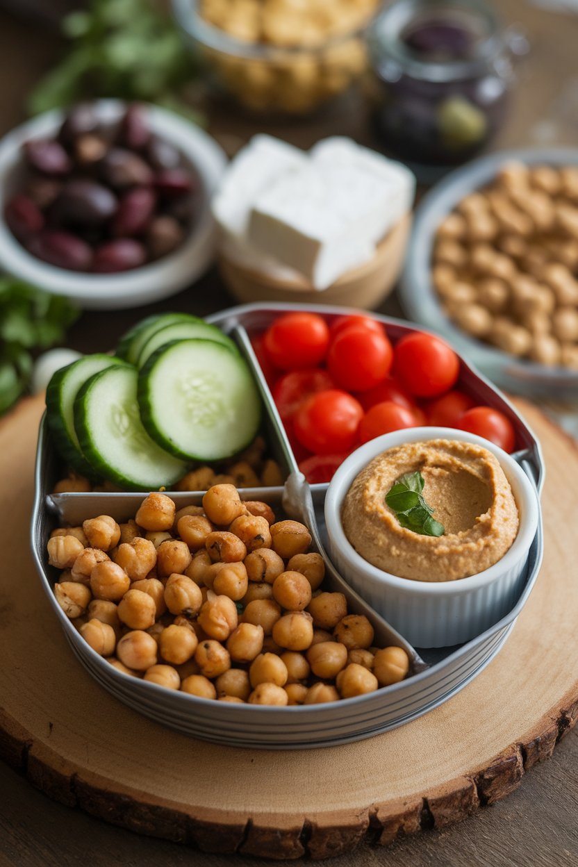 An indoor divided container with roasted chickpeas, cucumber slices, grape tomatoes, and a small hummus cup. No text or logos present. Photo only.