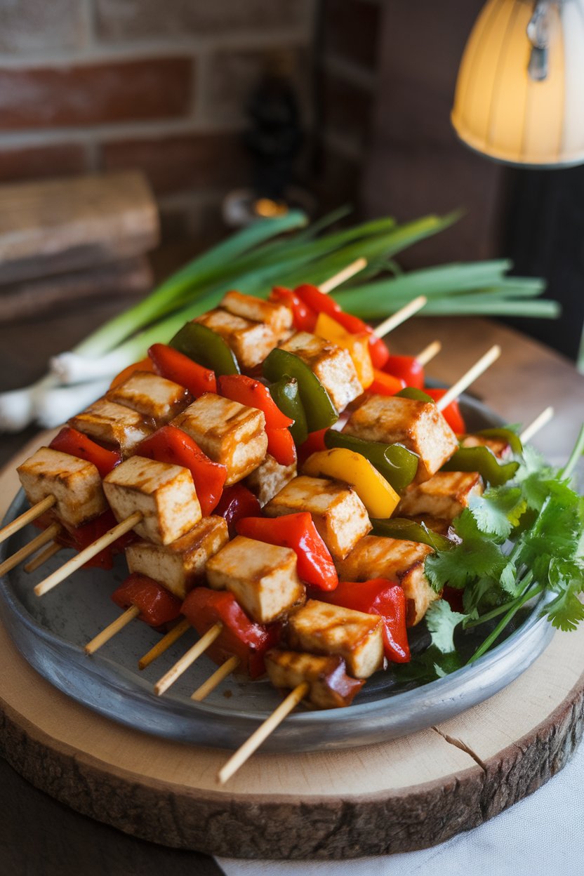 An indoor platter of tofu and bell pepper skewers glazed in shiny teriyaki sauce; photo only, no text or logos.