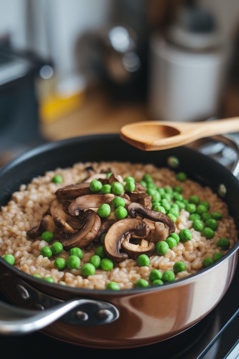 A saucepan indoors containing creamy brown rice risotto with sautéed mushrooms and bright green peas; no text or logos; photo.
