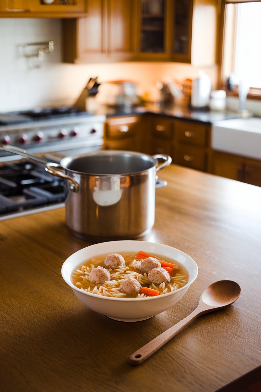 Indoor family kitchen island with a bowl of clear broth soup containing mini turkey meatballs, orzo pasta, and carrots. No text or logos. Photo.
