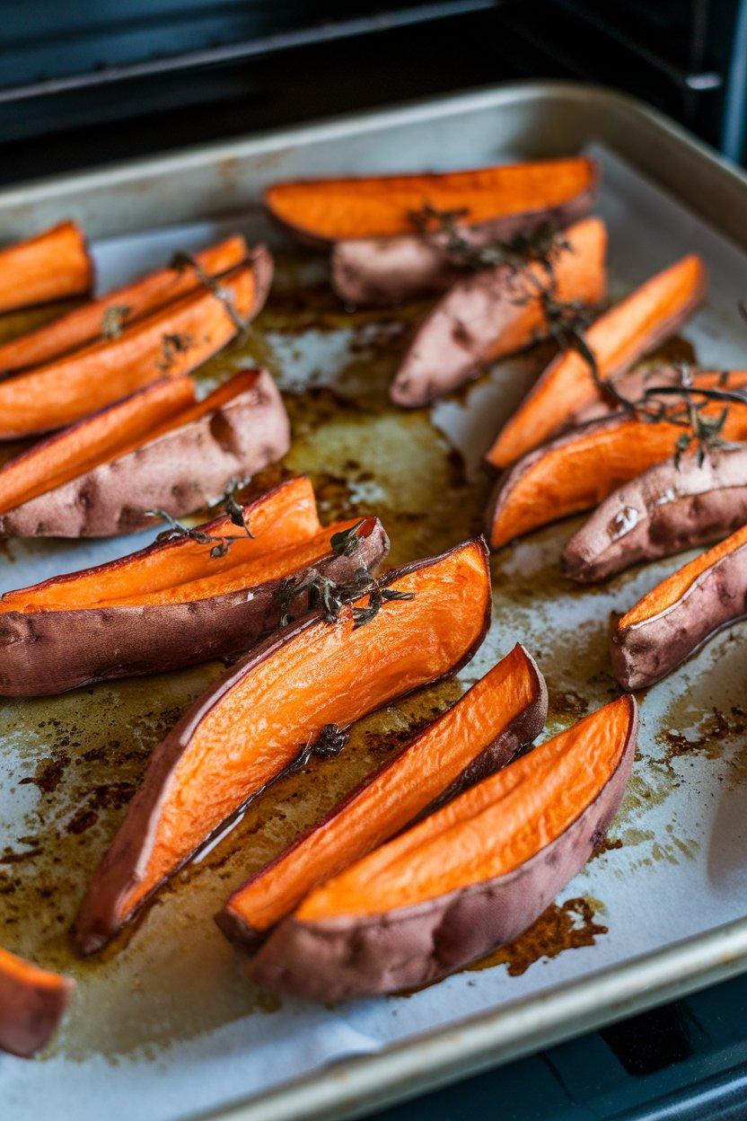 An indoor oven rack view of a sheet pan loaded with roasted sweet potato wedges, edges caramelized, and a light sheen of olive oil. No text or logos visible.