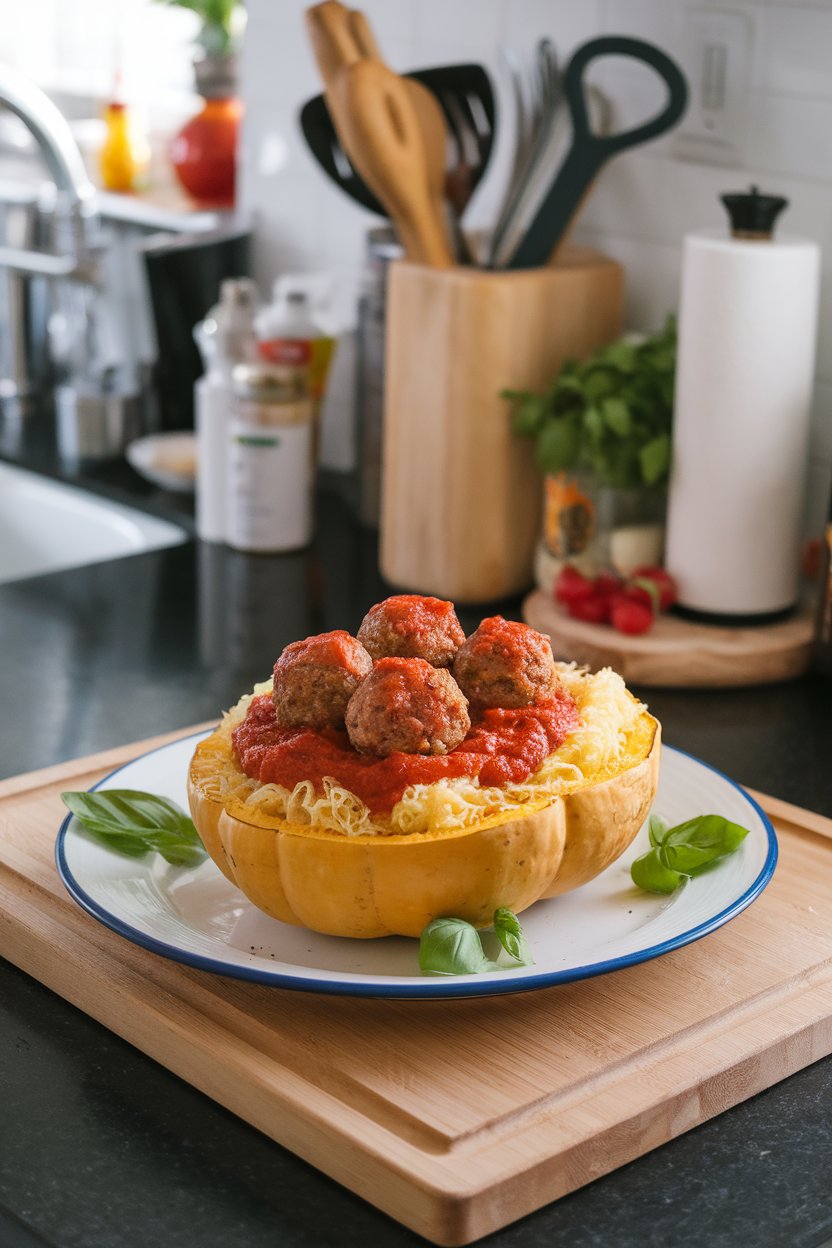 An indoor kitchen island displaying strands of cooked spaghetti squash topped with turkey meatballs and marinara, basil leaves scattered. No text or logos. Photo.