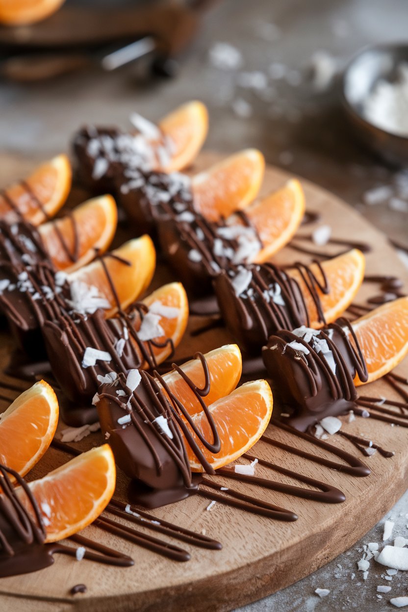 Indoor photo of clementine wedges half-dipped in dark chocolate and sprinkled with coconut flakes. No text or logos.