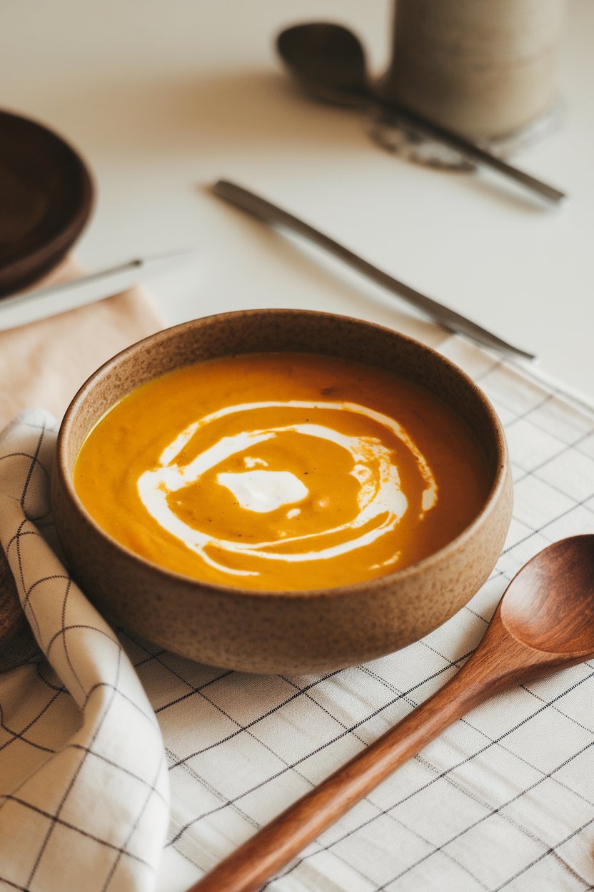 An indoor soup bowl filled with creamy orange pumpkin and chickpea soup, swirl of coconut milk on top; no text or logos; photo