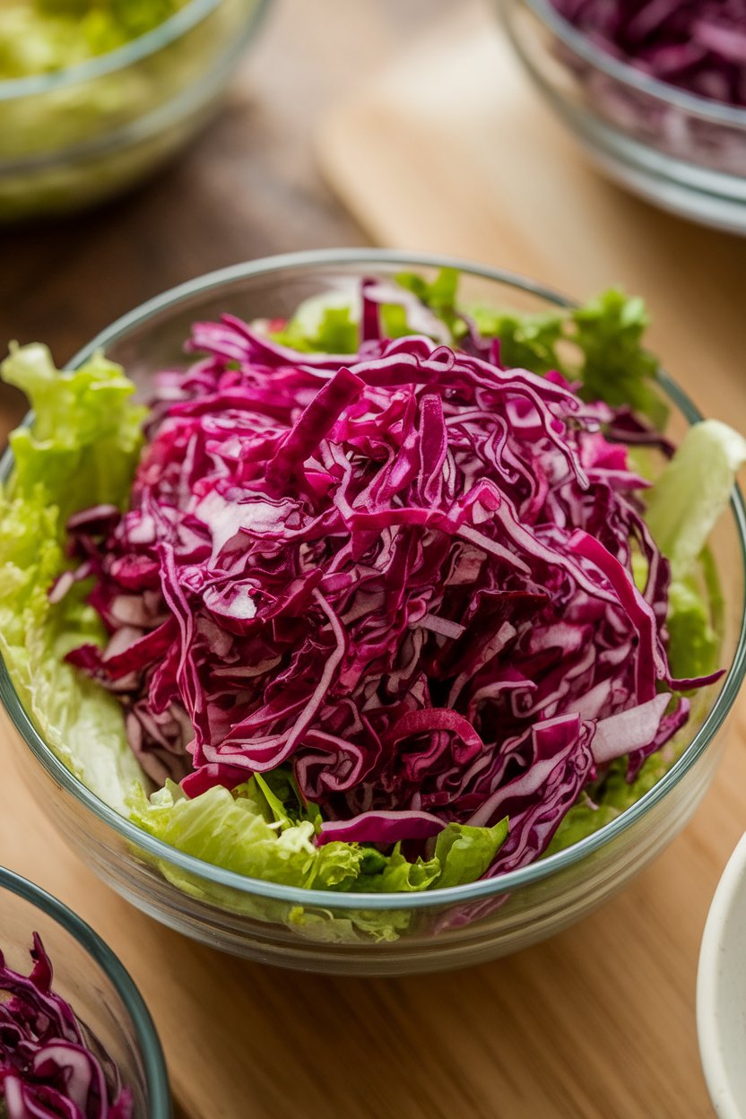 Indoor salad bowl showing shredded red cabbage slaw with a light vinaigrette glistening under overhead light. No logos or text. Photo.