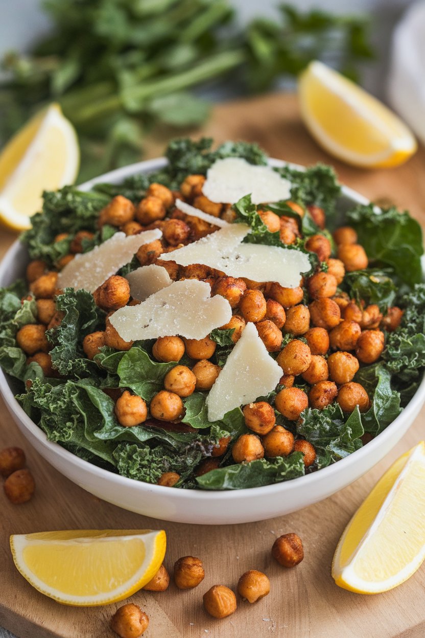 An indoor salad bowl with kale leaves, crunchy roasted chickpeas, and shaved Parmesan dressed lightly. No text or logos.