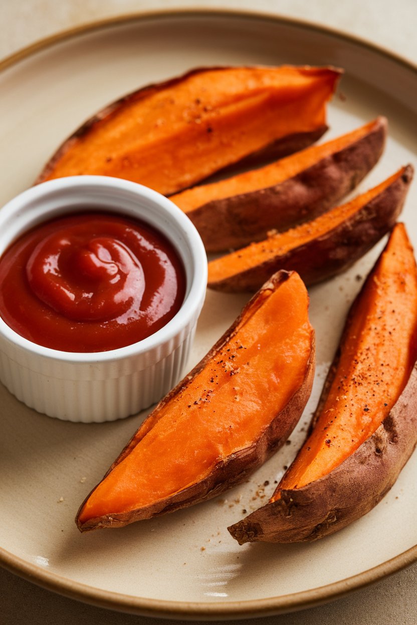 Indoor image of a small ramekin containing ketchup set beside baked sweet potato wedges, demonstrating controlled dipping. Neutral light, no text or logos.