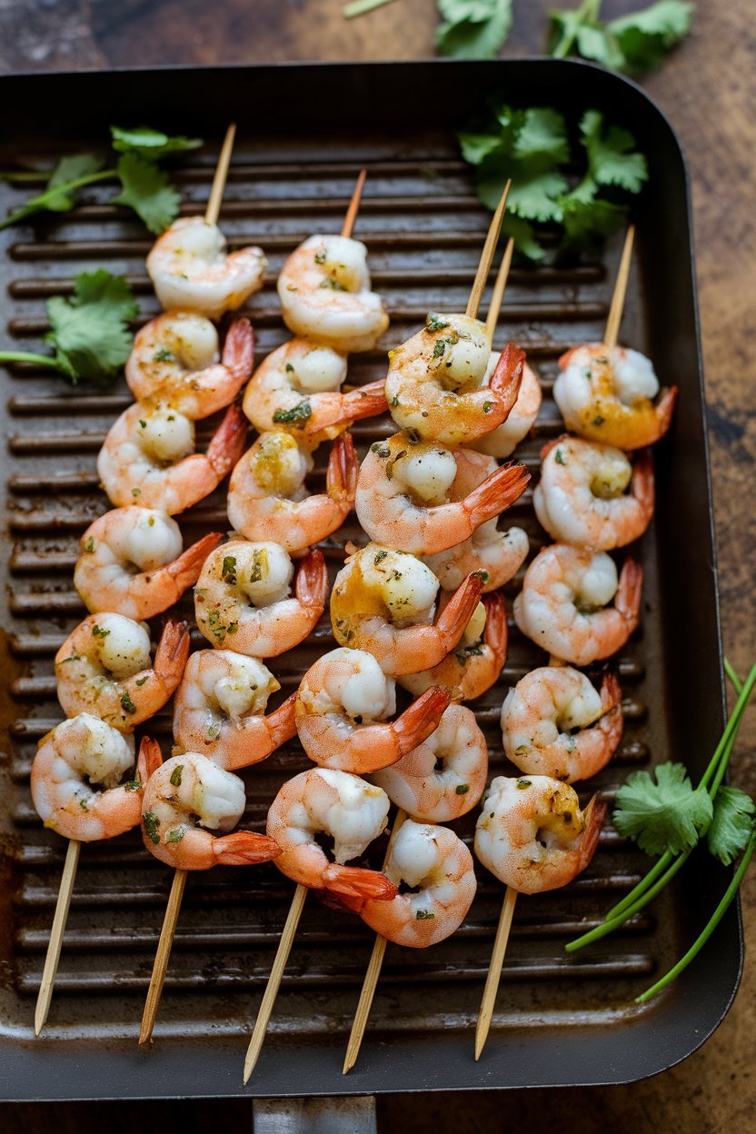 An indoor grill pan holding wooden skewers of cooked shrimp glazed with honey-lime sauce, cilantro scattered around. No text or logos. Photo.