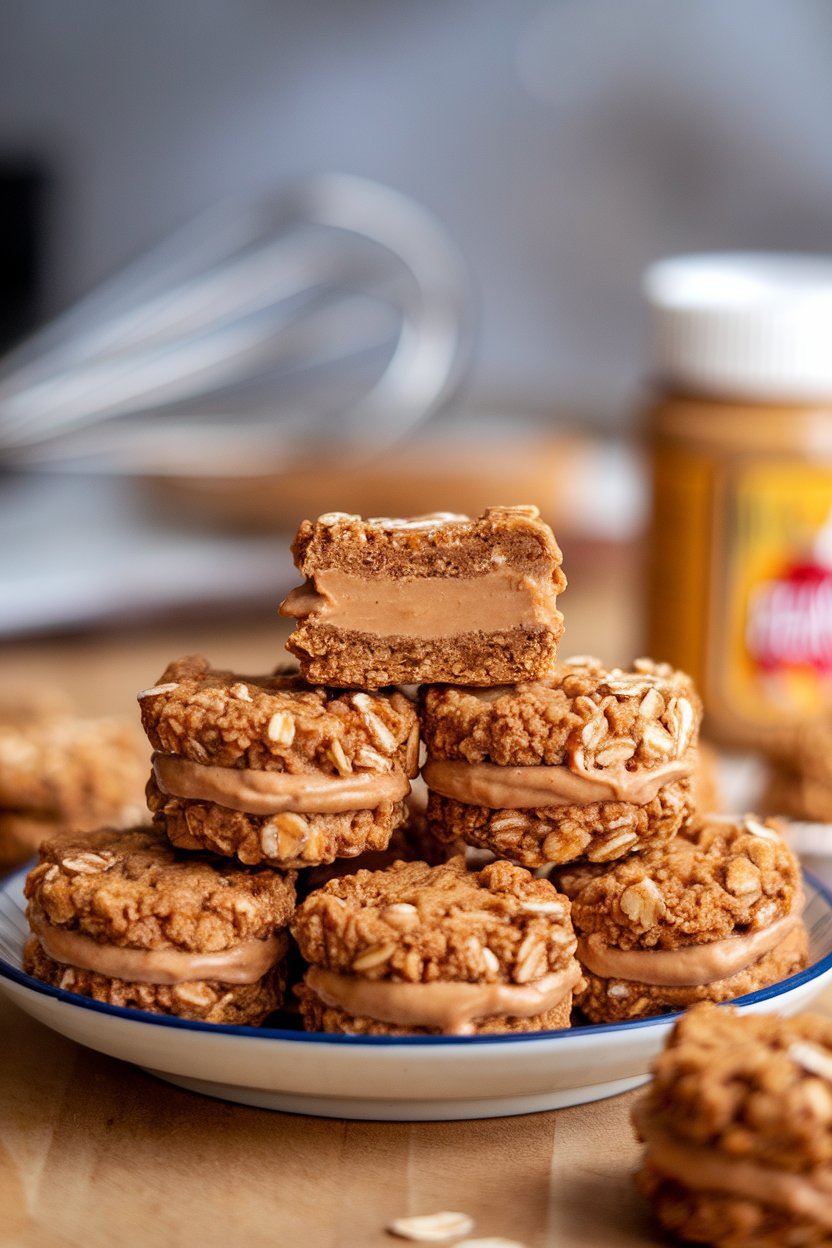 Indoor photo of bite-size no-bake peanut butter oatmeal cookies stacked on a plate. No text or logos.