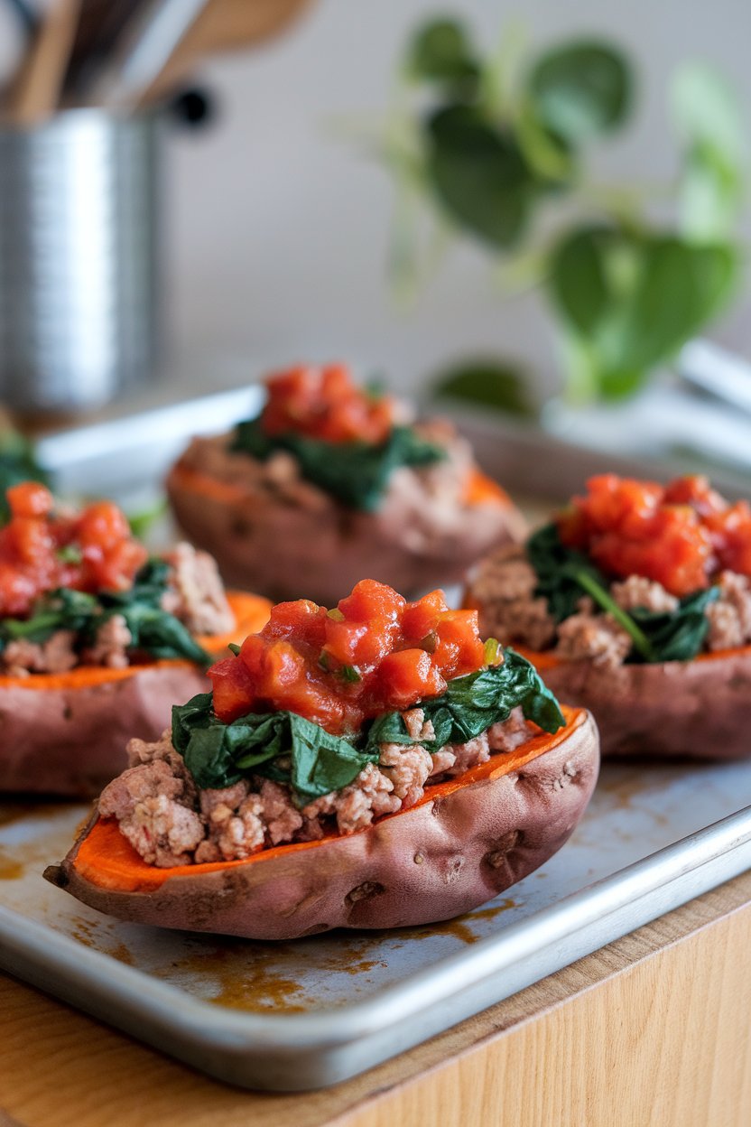 An indoor baking sheet with roasted sweet potato halves overflowing with seasoned ground turkey, spinach, and salsa; no text or logos; photo