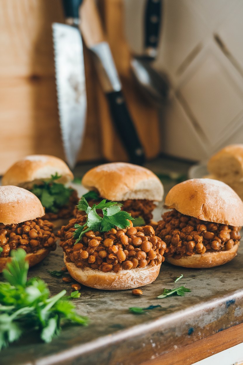 A warmly lit indoor countertop with mini whole-wheat slider buns overflowing with saucy lentil mixture. Photo only, no logos or text.