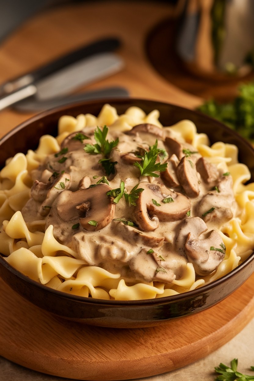 A deep bowl indoors filled with creamy mushroom stroganoff over egg noodles, sprinkled with fresh parsley. Photo only, no text or logos.
