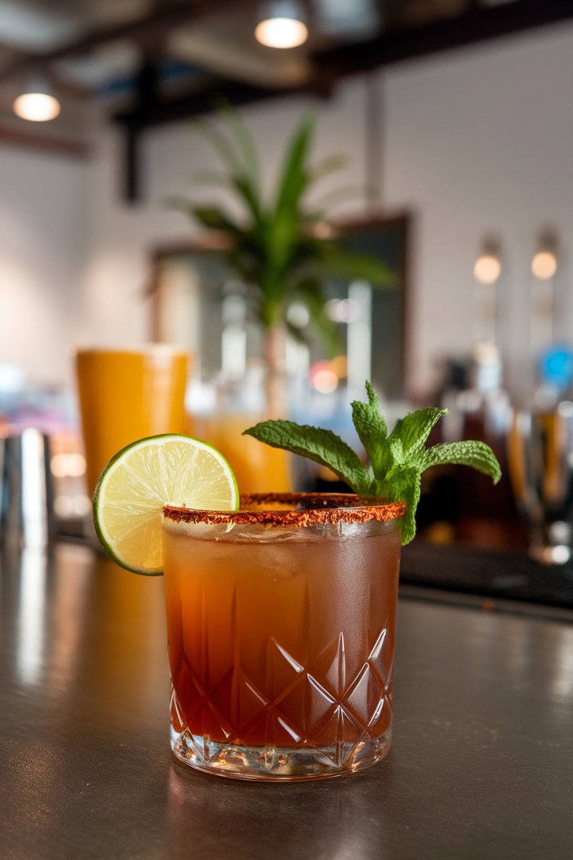 Photo of deep-amber shots with chili-salt rim, indoor bar; no branding.