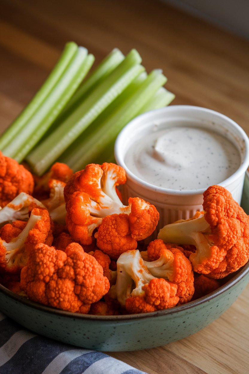 Crispy buffalo-sauced cauliflower florets in a bowl with celery sticks and ranch, photographed indoors. No text or logos. Photo.