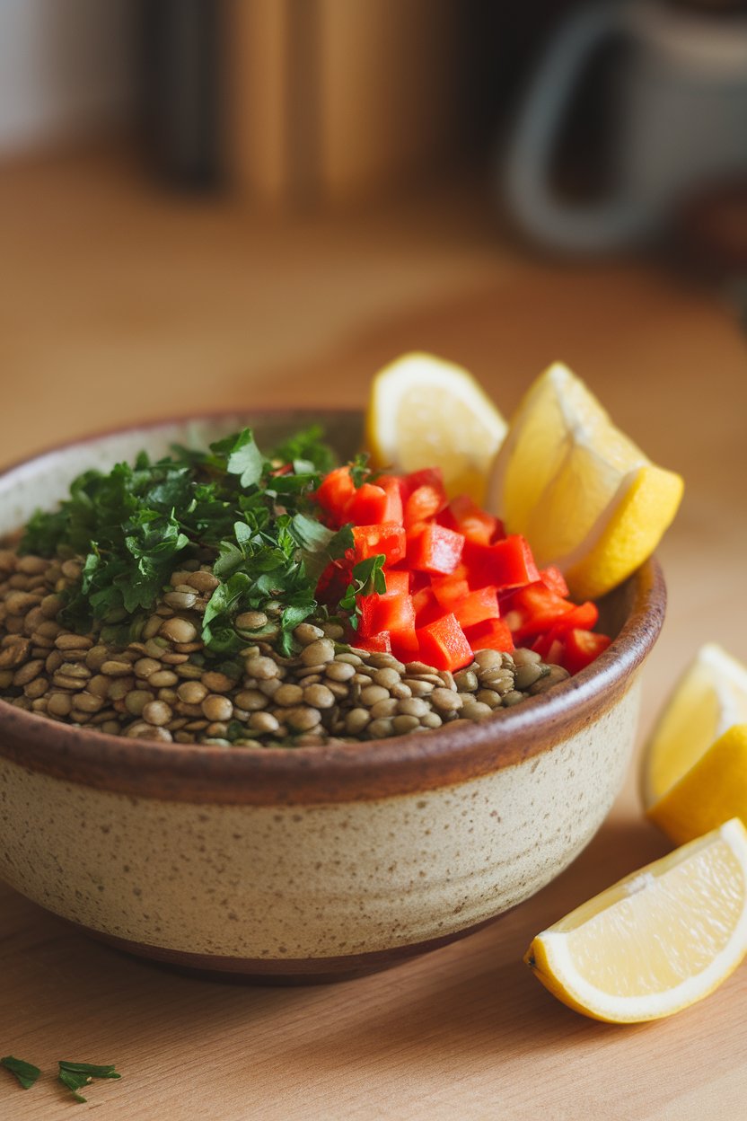 Photo of a ceramic bowl filled with green lentils, chopped parsley, diced red pepper, and lemon wedges, shot indoors with soft lighting, no text or logos.