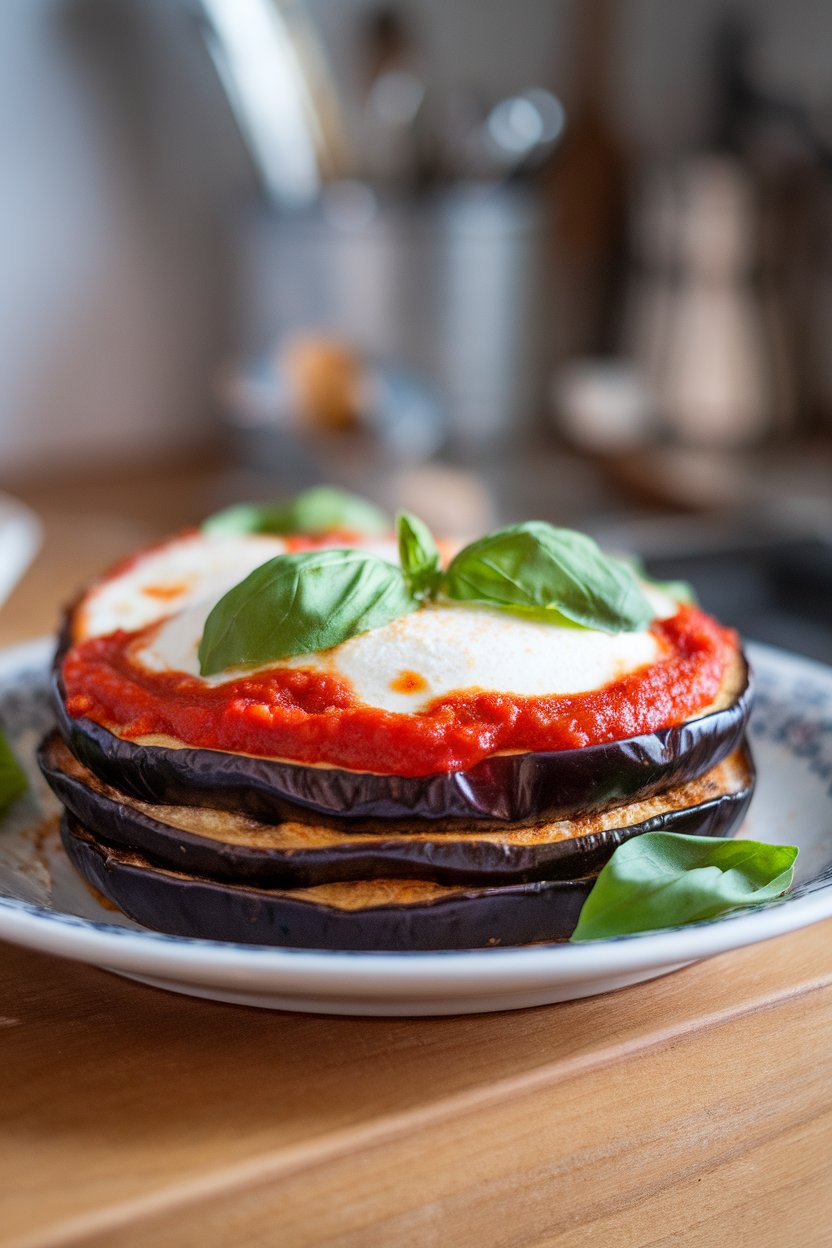 Indoor plate of baked eggplant rounds layered with marinara and a light sprinkling of mozzarella, basil leaf garnish. No text or logos, photo not illustration.