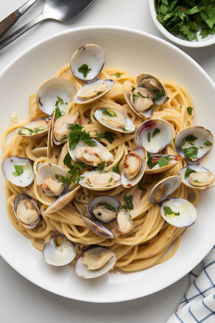 Indoor photo of spaghetti entwined with chopped clams, fresh parsley, and a light white wine garlic sauce. Only cooked clams visible, no shells, no logos.