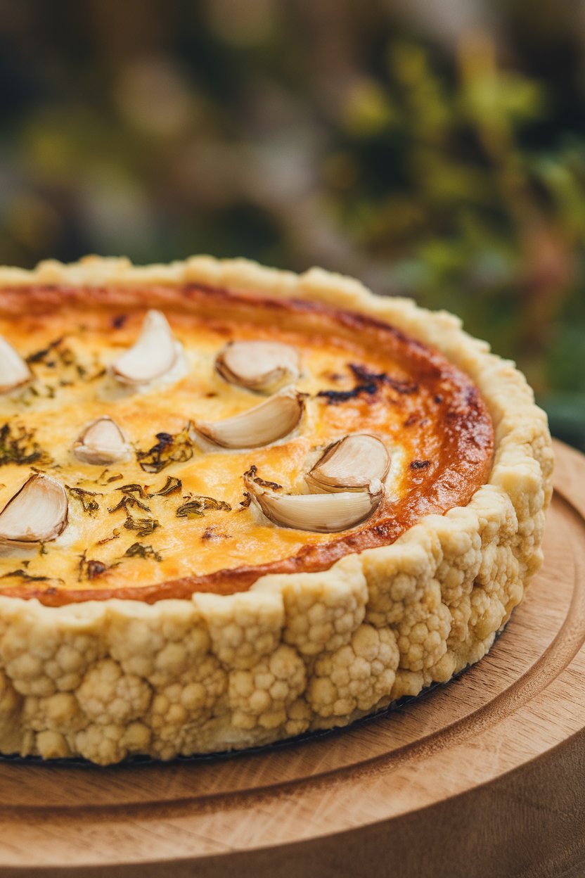 Indoor close-up of a quiche with a cauliflower crust edge and roasted garlic cloves visible, no text or logos.