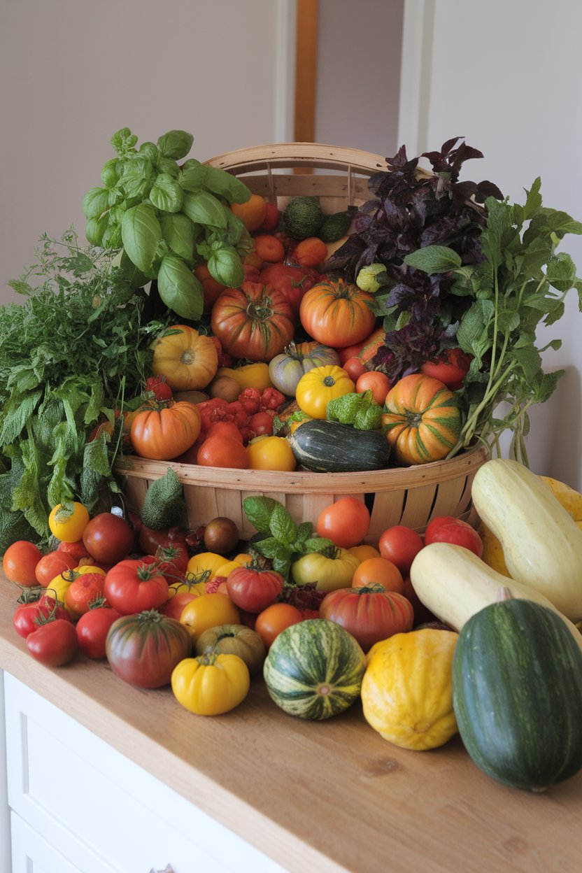 Photo of an indoor counter where a basket overflows with colorful heirloom tomatoes, fresh herbs, and summer squash, ready for washing. No text or logos visible.