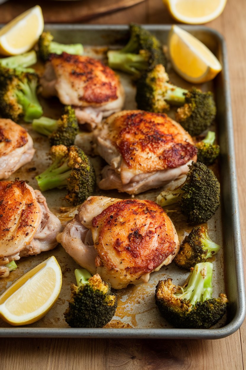 Indoor photo of a sheet pan with roasted chicken thighs and broccoli florets, lemon wedges scattered around; golden oven light, no text or logos