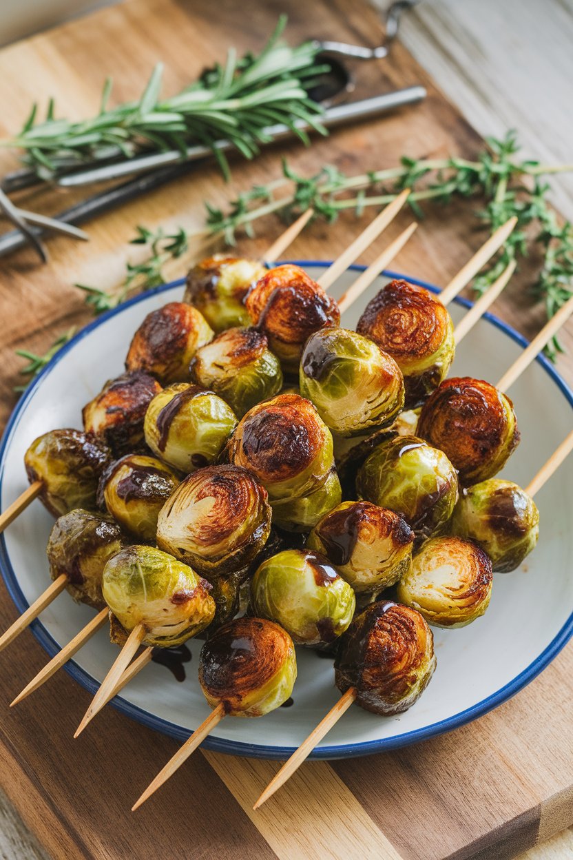 Photo of an indoor platter holding roasted Brussels sprouts on small skewers, glazed with balsamic reduction, no text or logos.