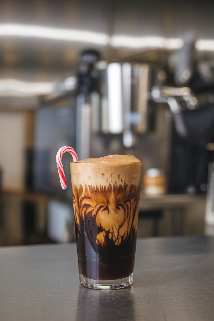 Indoor coffee lab with a pint glass of dark nitro cold brew forming a creamy cascading head, tiny candy cane hooked on rim. No text or logos. Photo only.