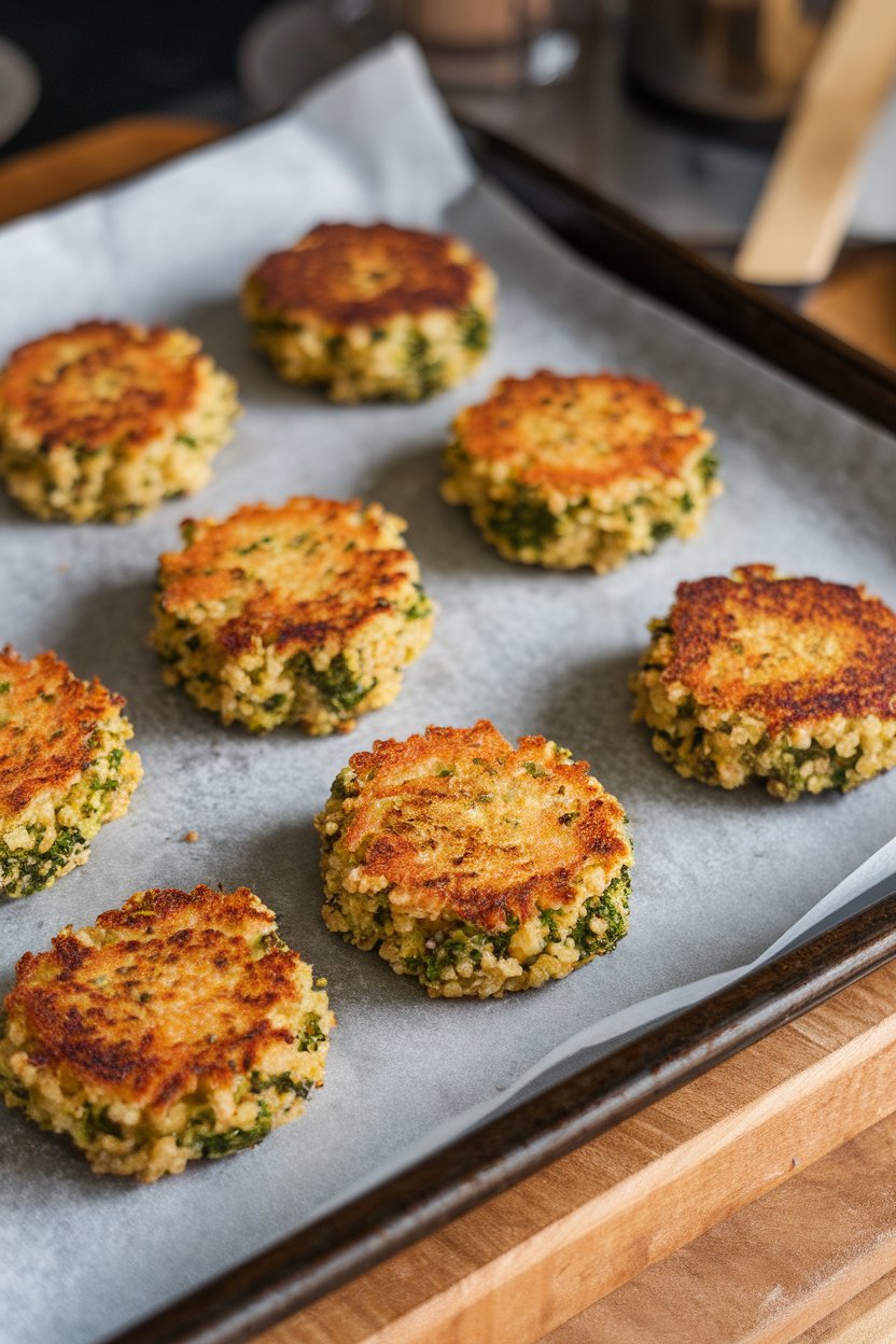Indoor baking sheet lined with parchment, holding golden, bite-sized quinoa and chopped broccoli patties fresh from the oven. No logos or text; photo.