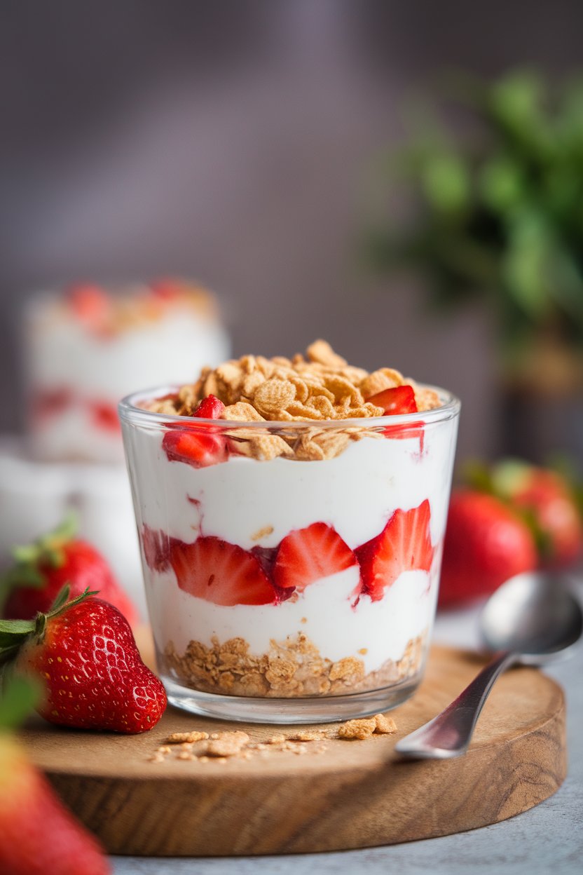 A small glass cup layered with creamy yogurt, diced strawberries, and a sprinkle of crushed whole-grain cereal, photographed indoors; no text or logos.