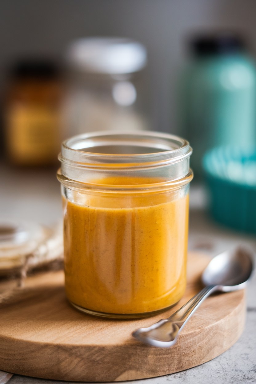 A clear glass jar indoors filled with golden honey-mustard sauce, spoon resting nearby, no logos or text. Photo.