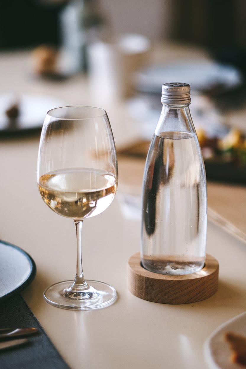 A dining table with a single stemless wine glass half full beside a sparkling water bottle, no text on labels.