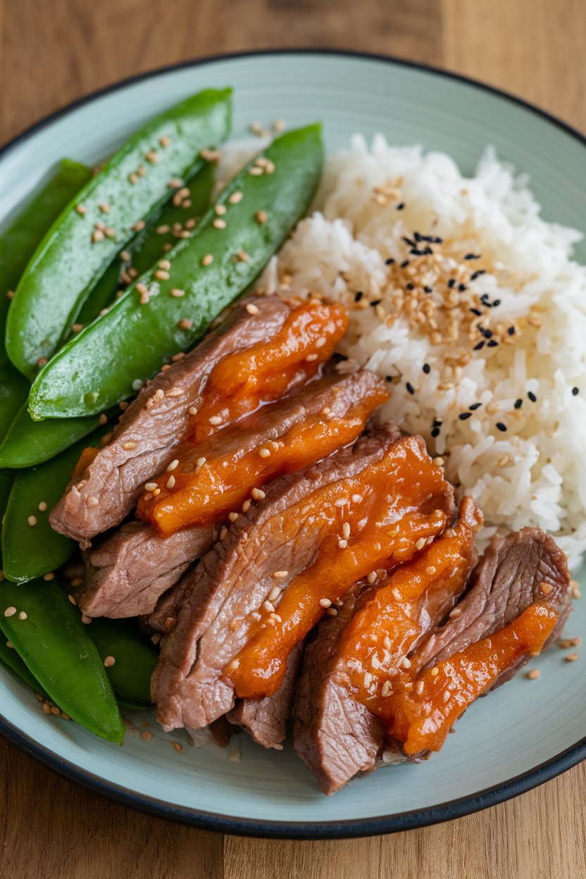 Indoor photo of thin orange-glazed beef strips, steamed jasmine rice, sautéed snow peas, and sesame seeds. No text or logos.