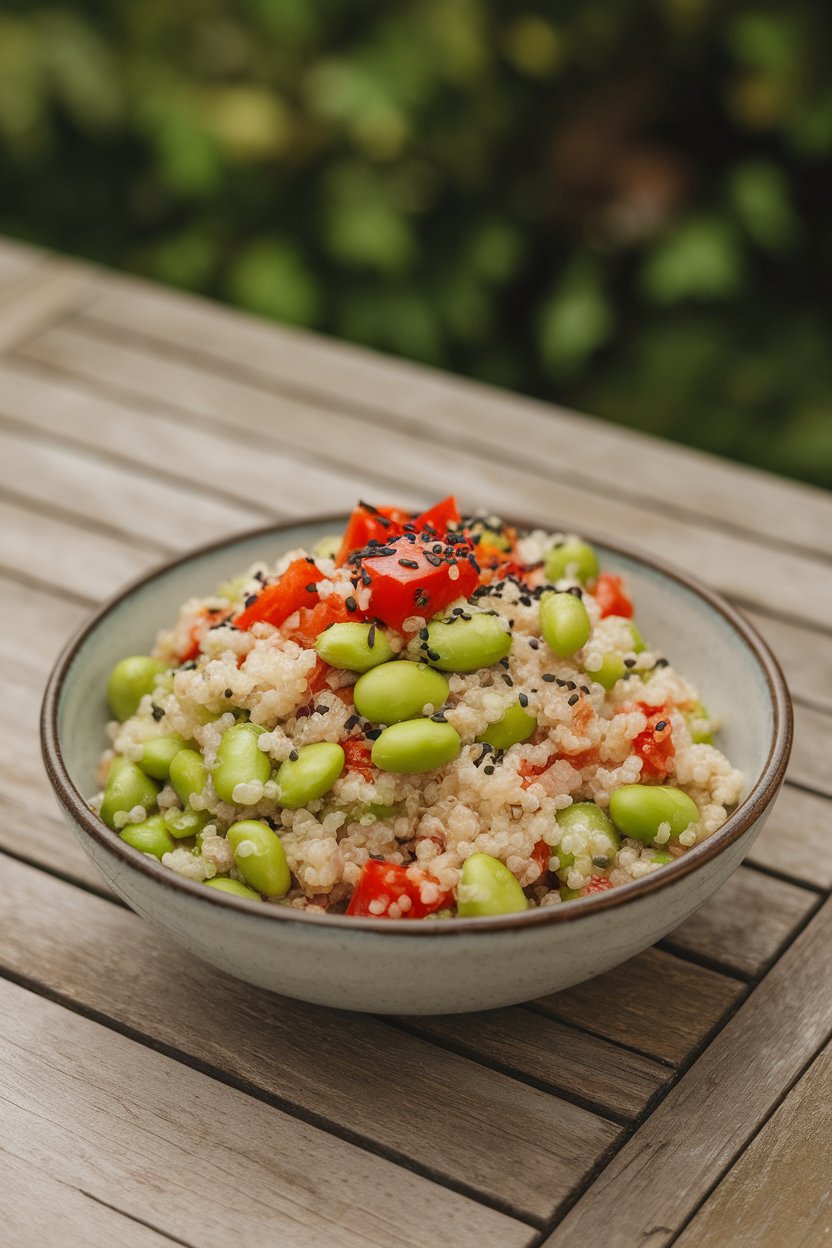 An indoor tabletop photo of a bowl of chilled quinoa salad dotted with shelled edamame, diced red bell pepper, and sesame seeds. No text or logos.