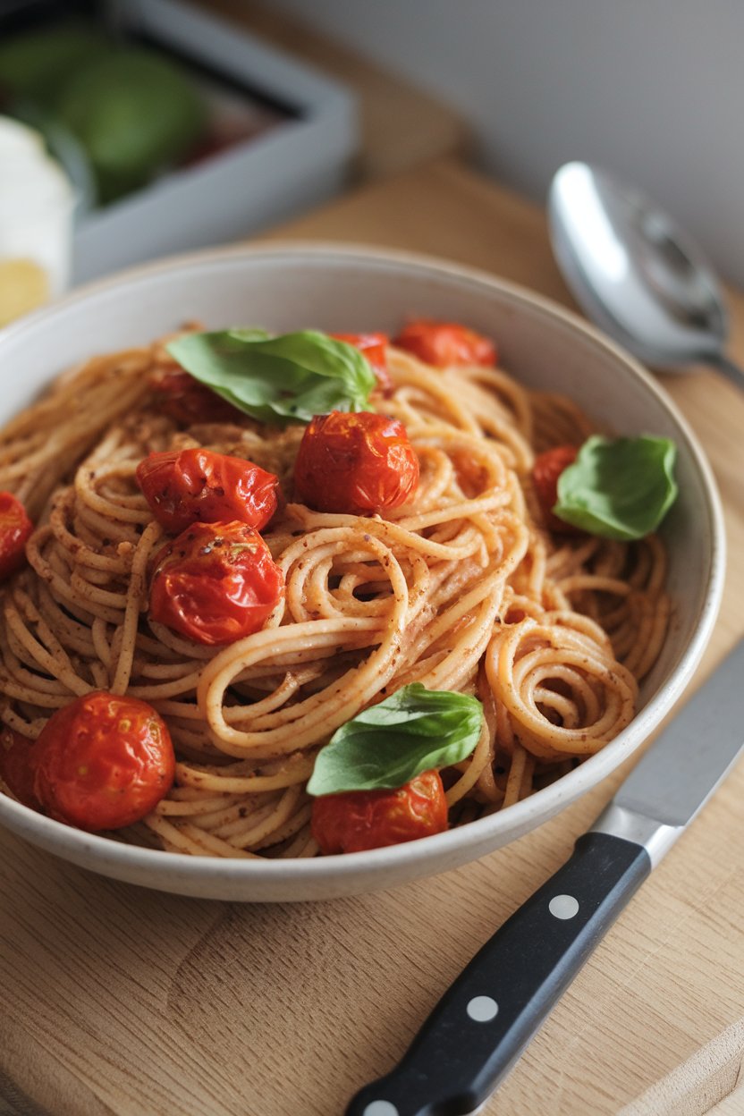 Photo of an indoor pasta bowl of whole-wheat spaghetti tossed with blistered cherry tomatoes and basil, no text or logos